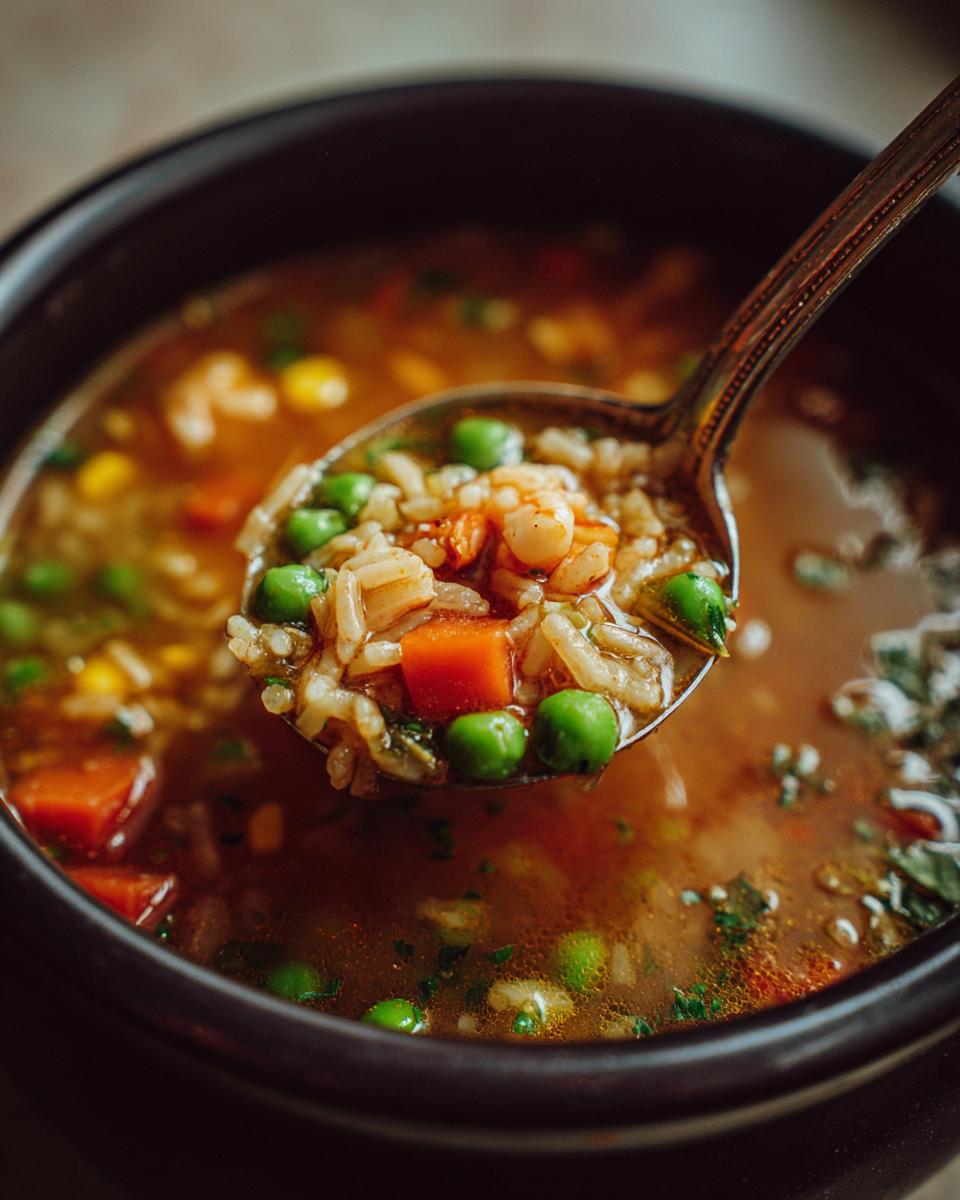 Close-up of Chicken & Rice Comfort Soup in a bowl, with spoonful of soup showing vegetables and rice.
