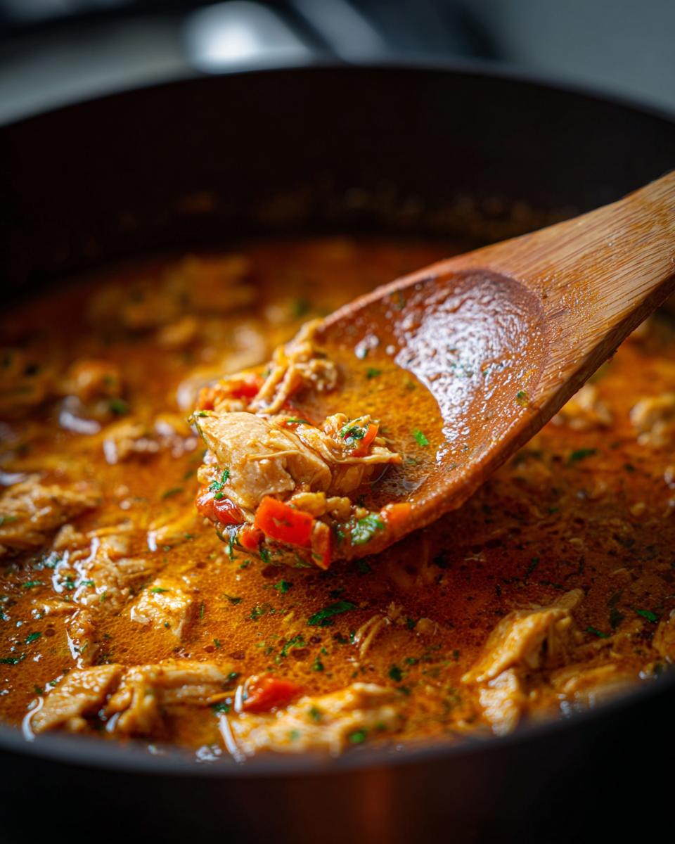 Close-up of Chicken & Rice Comfort Soup being stirred with a wooden spoon in a pot.