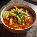 A bowl of flavorful Chicken Tortilla Soup with avocado, lime, and tortilla strips.