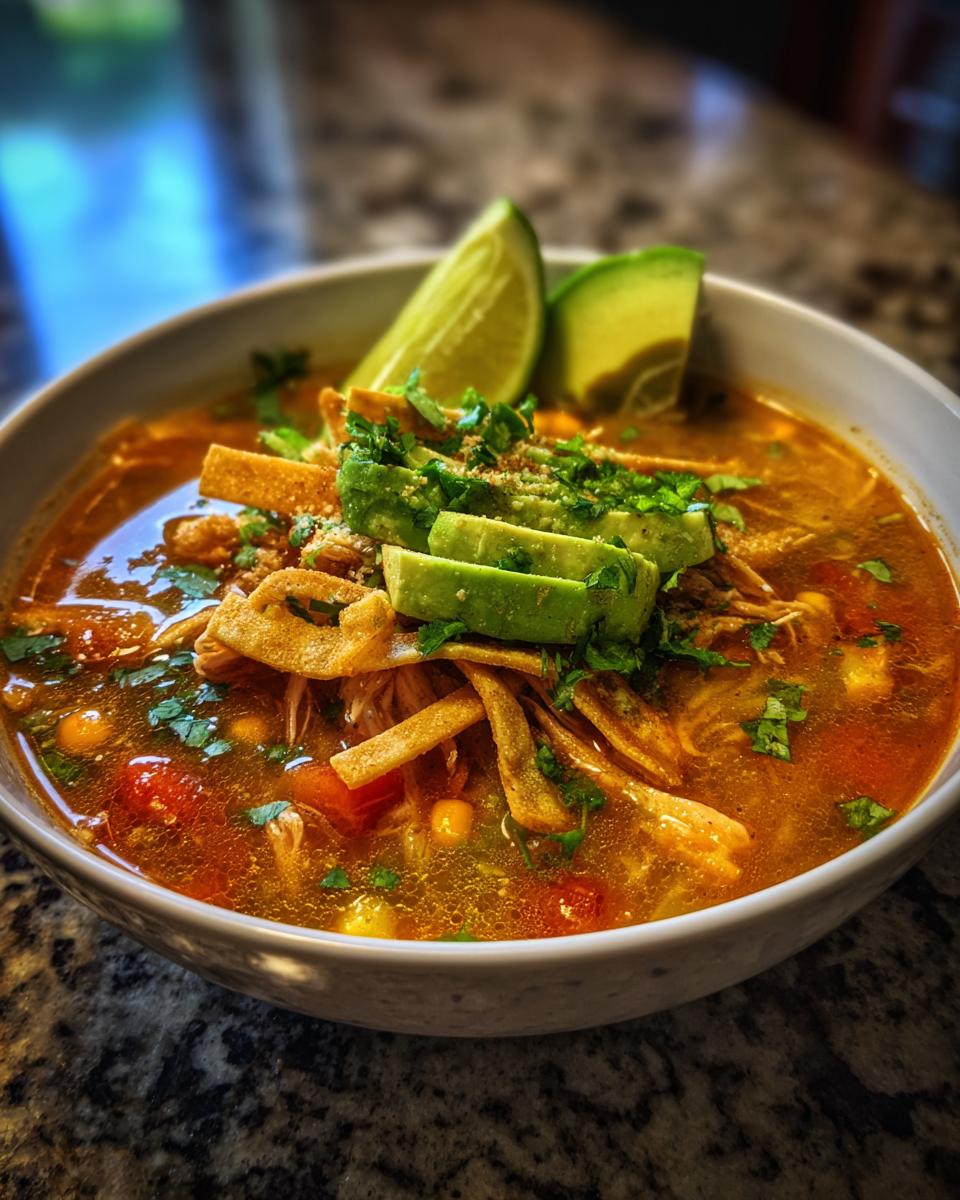 Close-up of a bowl of Chicken Tortilla Soup with avocado, lime, and tortilla strips.