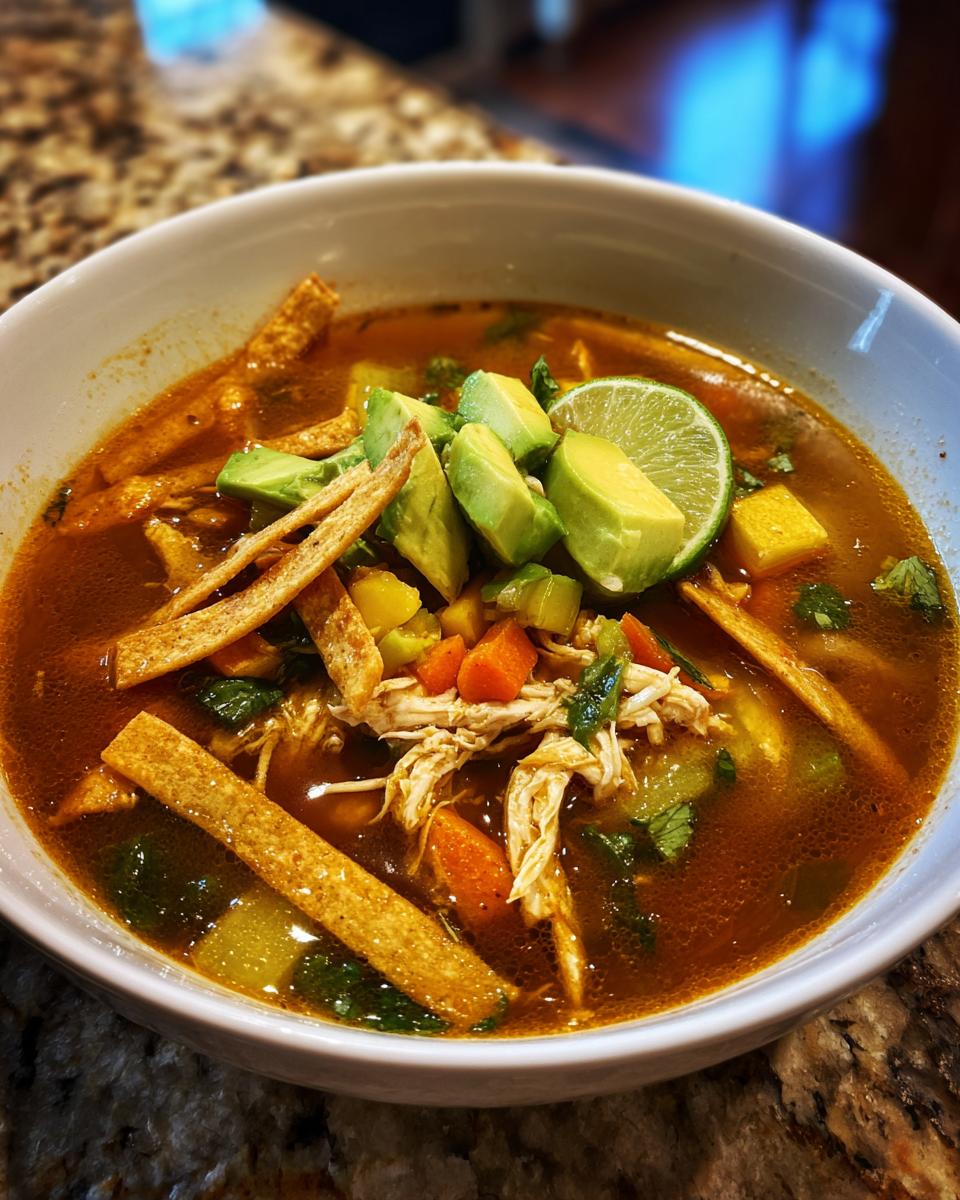 Close-up of a bowl of Chicken Tortilla Soup with toppings like avocado and tortilla strips.