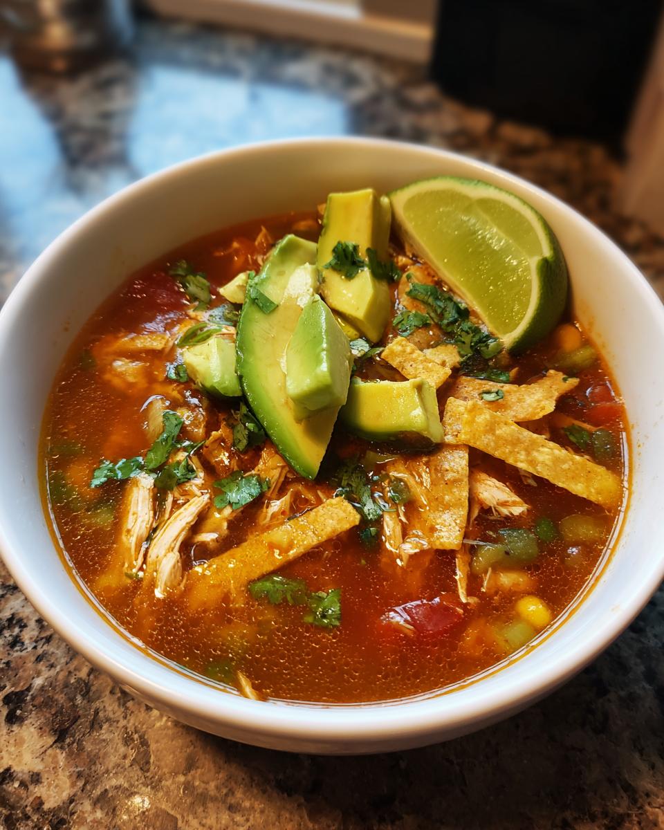 A bowl of Chicken Tortilla Soup topped with avocado, lime, and tortilla strips.