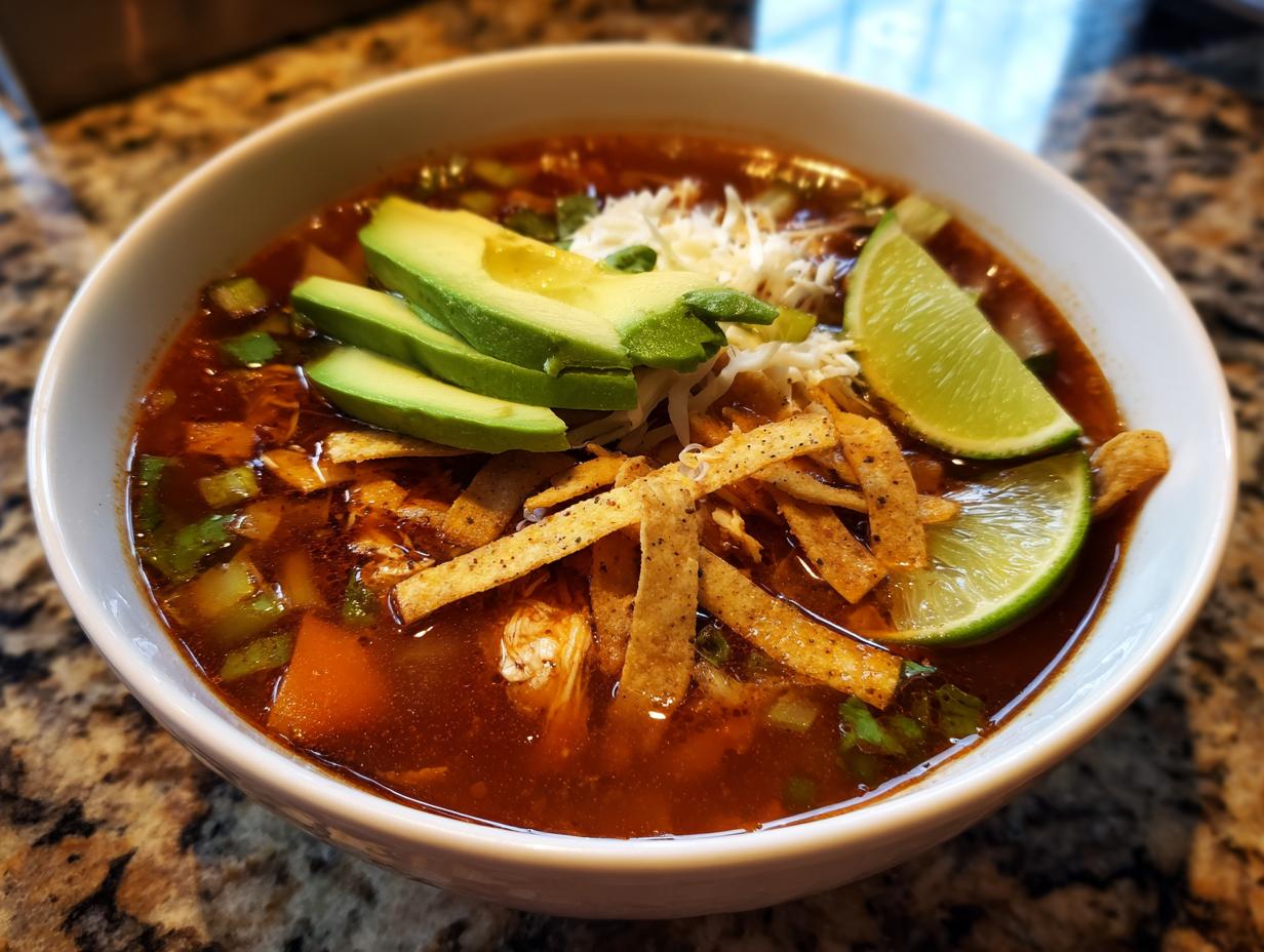 A bowl of Chicken Tortilla Soup with avocado slices, tortilla strips, and a lime wedge.