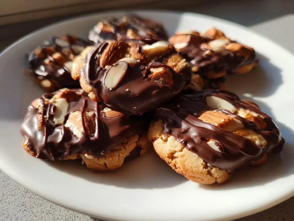 Close-up of Chocolate-Dipped Toffee Almond Cookies on a white plate, ready to eat.