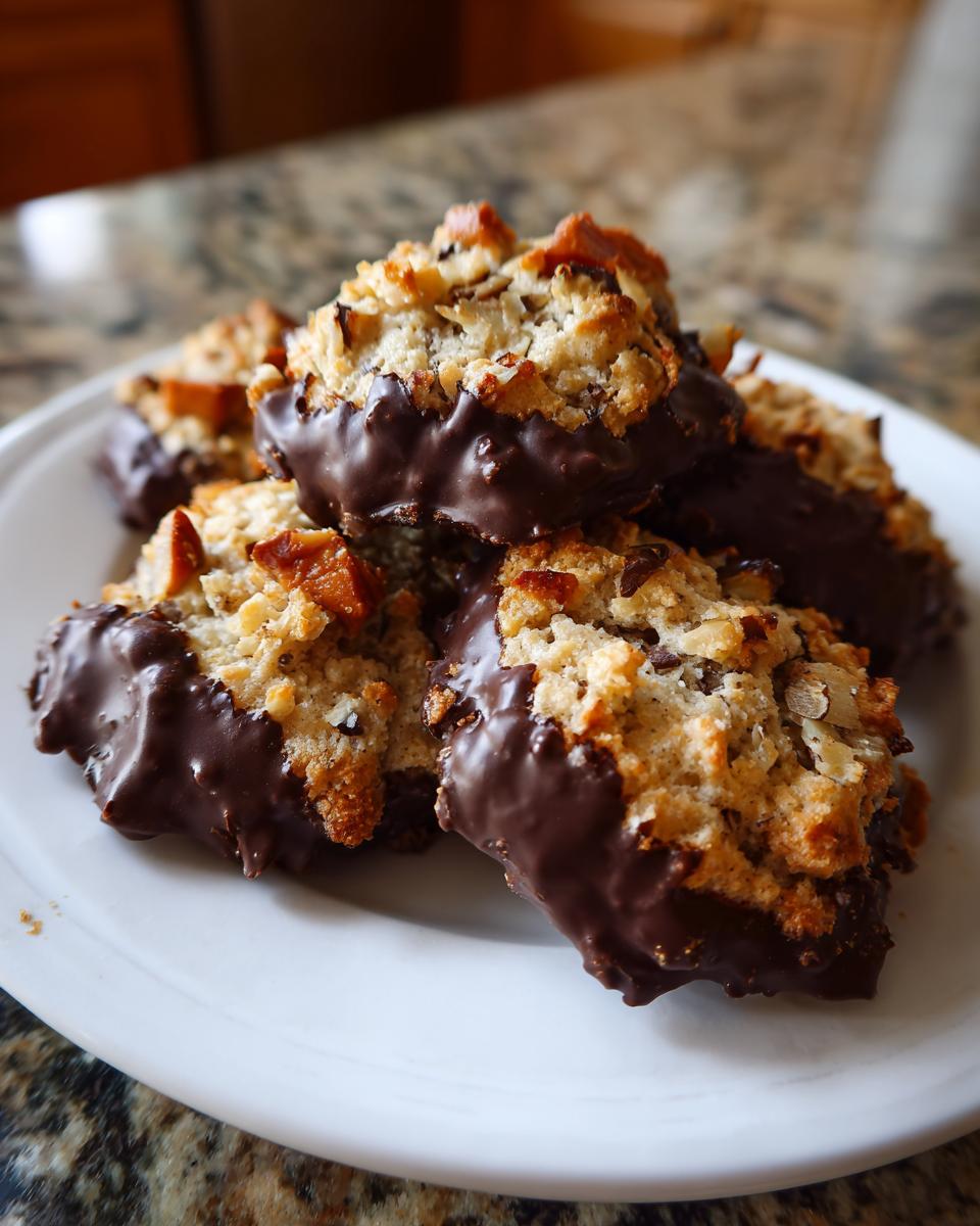 Close-up of a stack of Chocolate-Dipped Toffee Almond Cookies on a white plate, ready to eat.