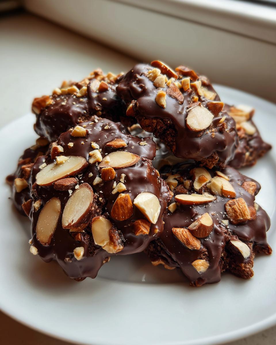 Close-up of a plate of Chocolate-Dipped Toffee Almond Cookies, topped with chopped almonds.