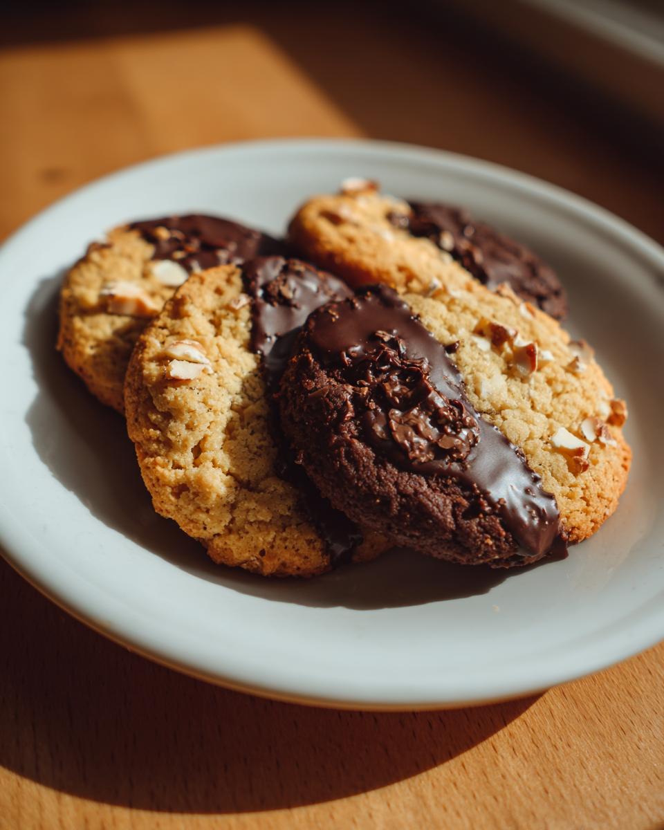 Close-up of Chocolate-Dipped Toffee Almond Cookies on a white plate, perfect for dessert.