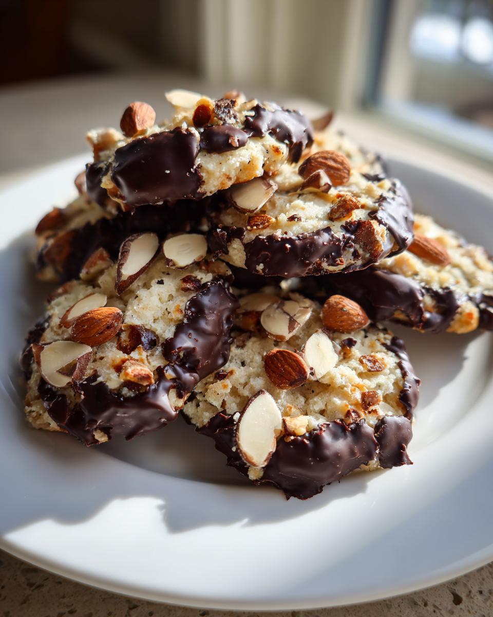 Close-up of a stack of delicious Chocolate-Dipped Toffee Almond Cookies on a white plate.