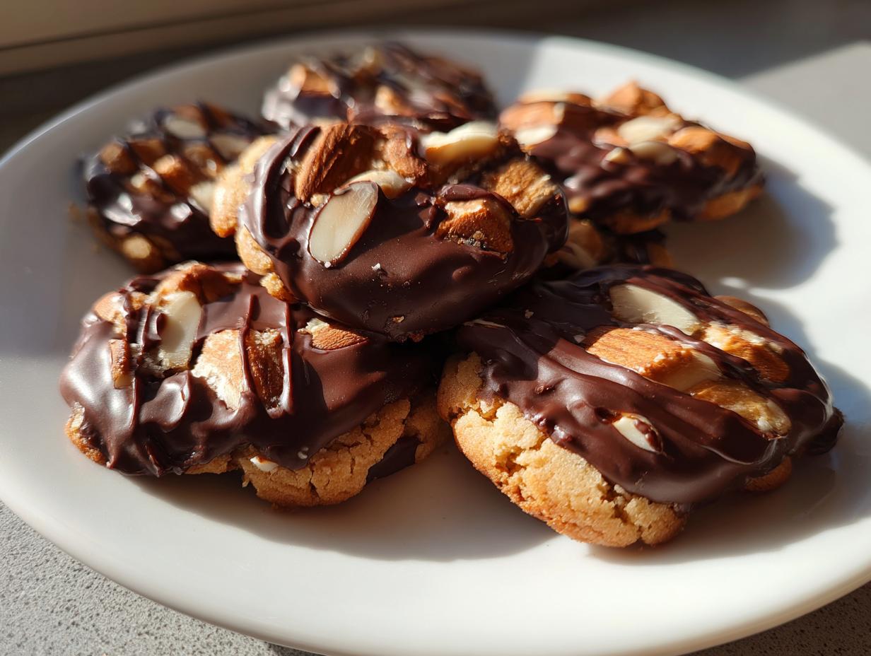 Close-up of Chocolate-Dipped Toffee Almond Cookies on a white plate, ready to eat.