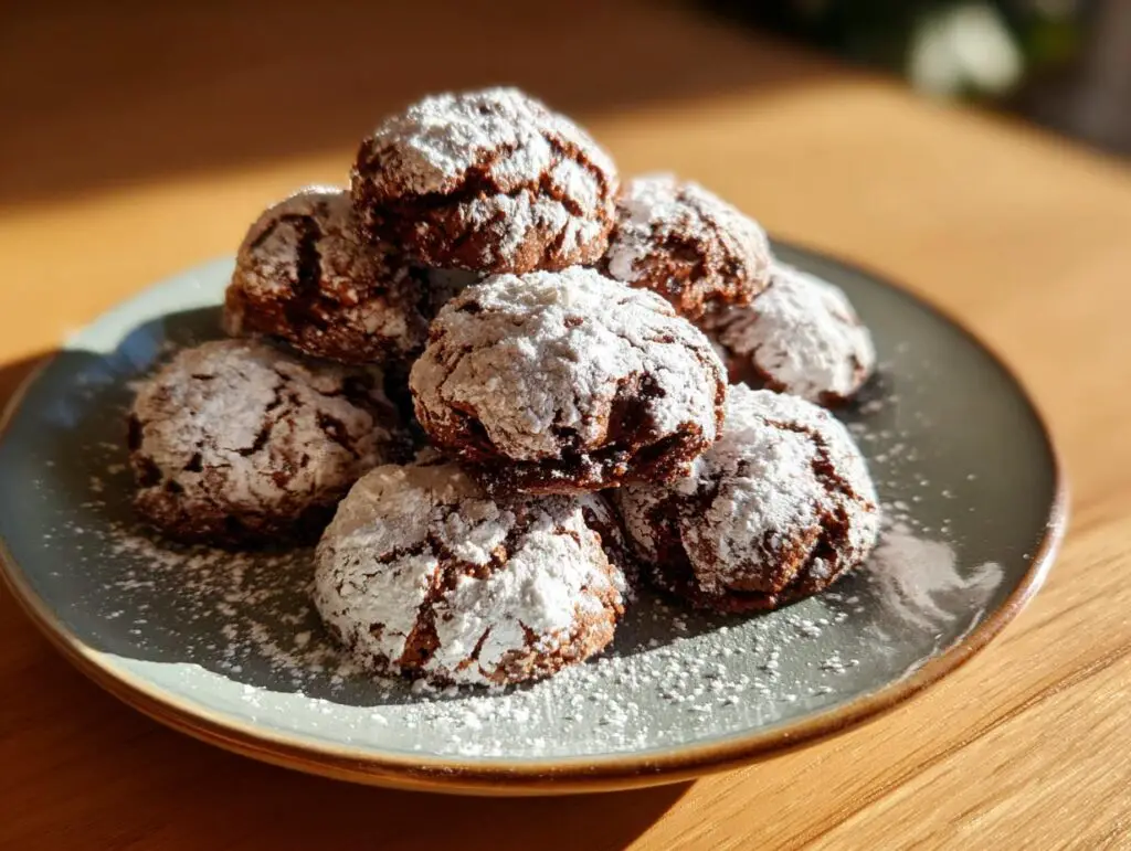 A plate of delicious Chocolate Peppermint Snowball Cookies dusted with powdered sugar.