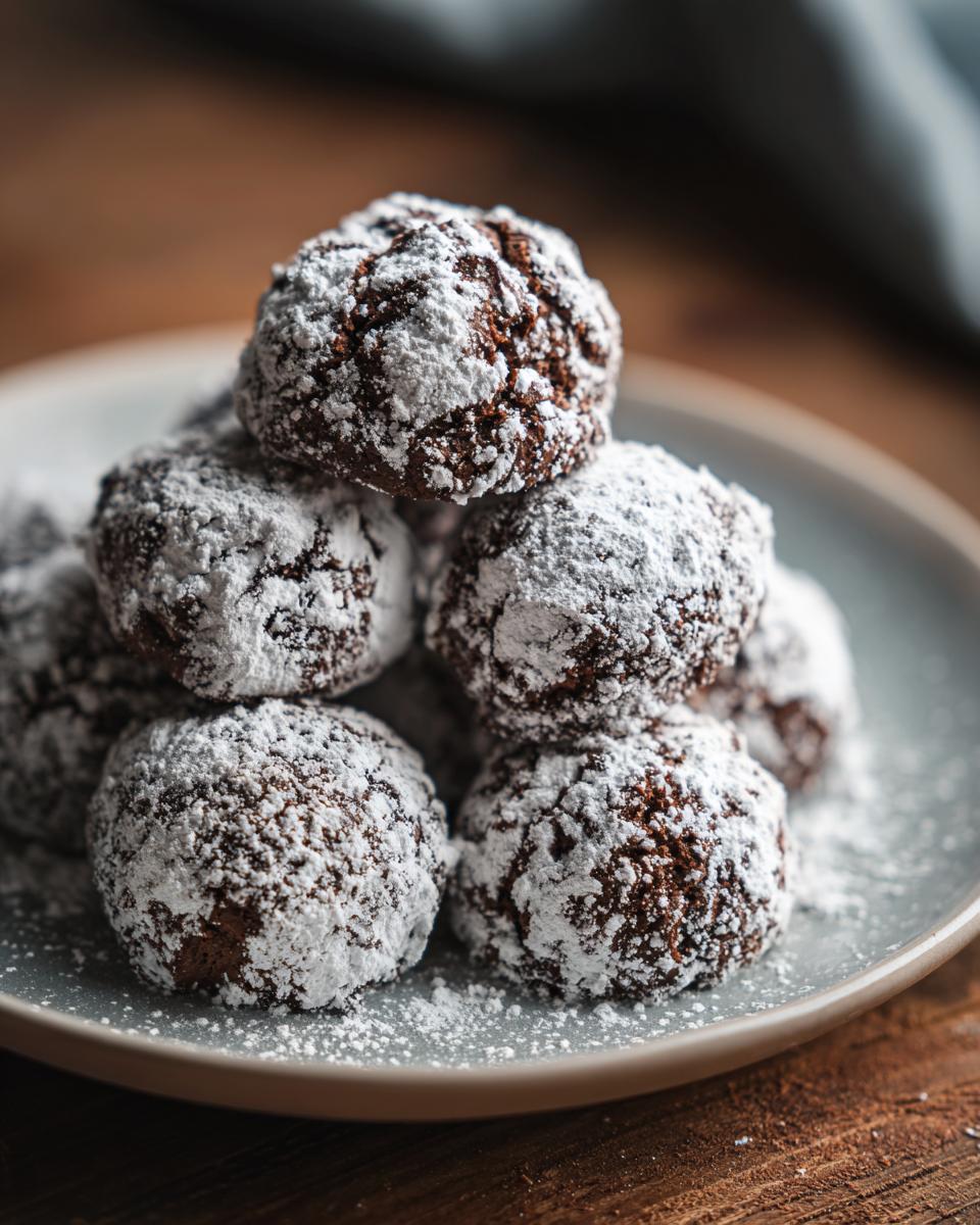 Pile of Chocolate Peppermint Snowball Cookies dusted with powdered sugar on a plate.