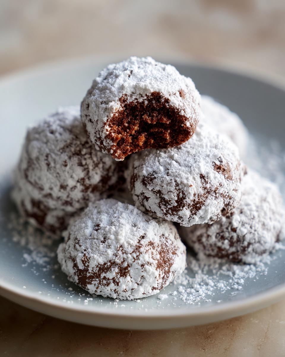 Close-up of Chocolate Peppermint Snowball Cookies dusted with powdered sugar on a plate.