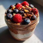 Close-up of Chocolate Protein Overnight Oats in a jar, topped with fresh berries and nuts.