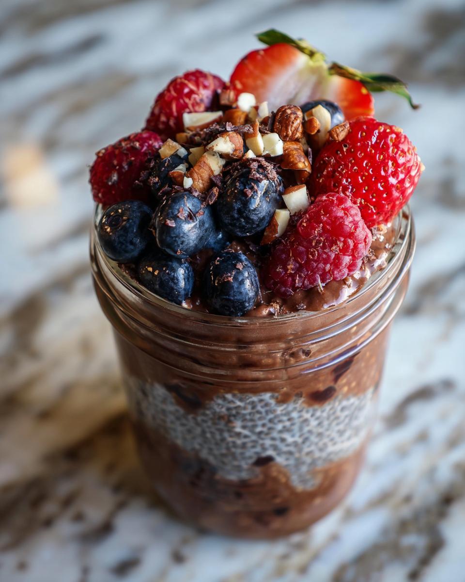 Close-up of Chocolate Protein Overnight Oats in a jar, topped with fresh berries and nuts.