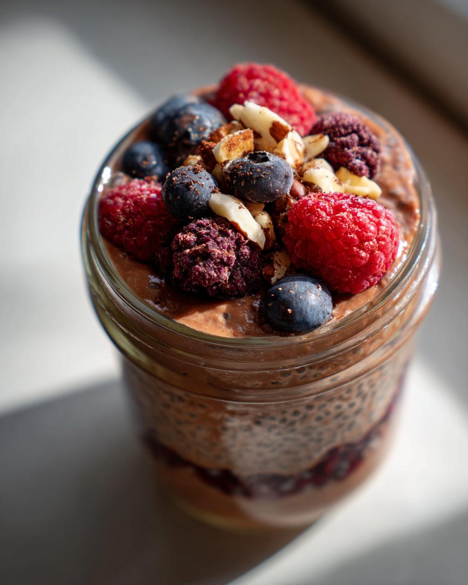 Close-up of Chocolate Protein Overnight Oats in a jar, topped with fresh berries and nuts.
