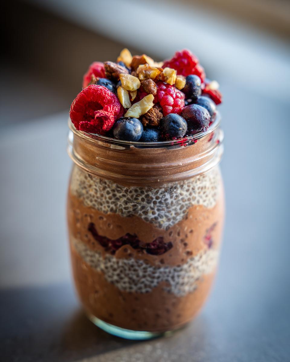 Jar of Chocolate Protein Overnight Oats topped with fresh berries and nuts.