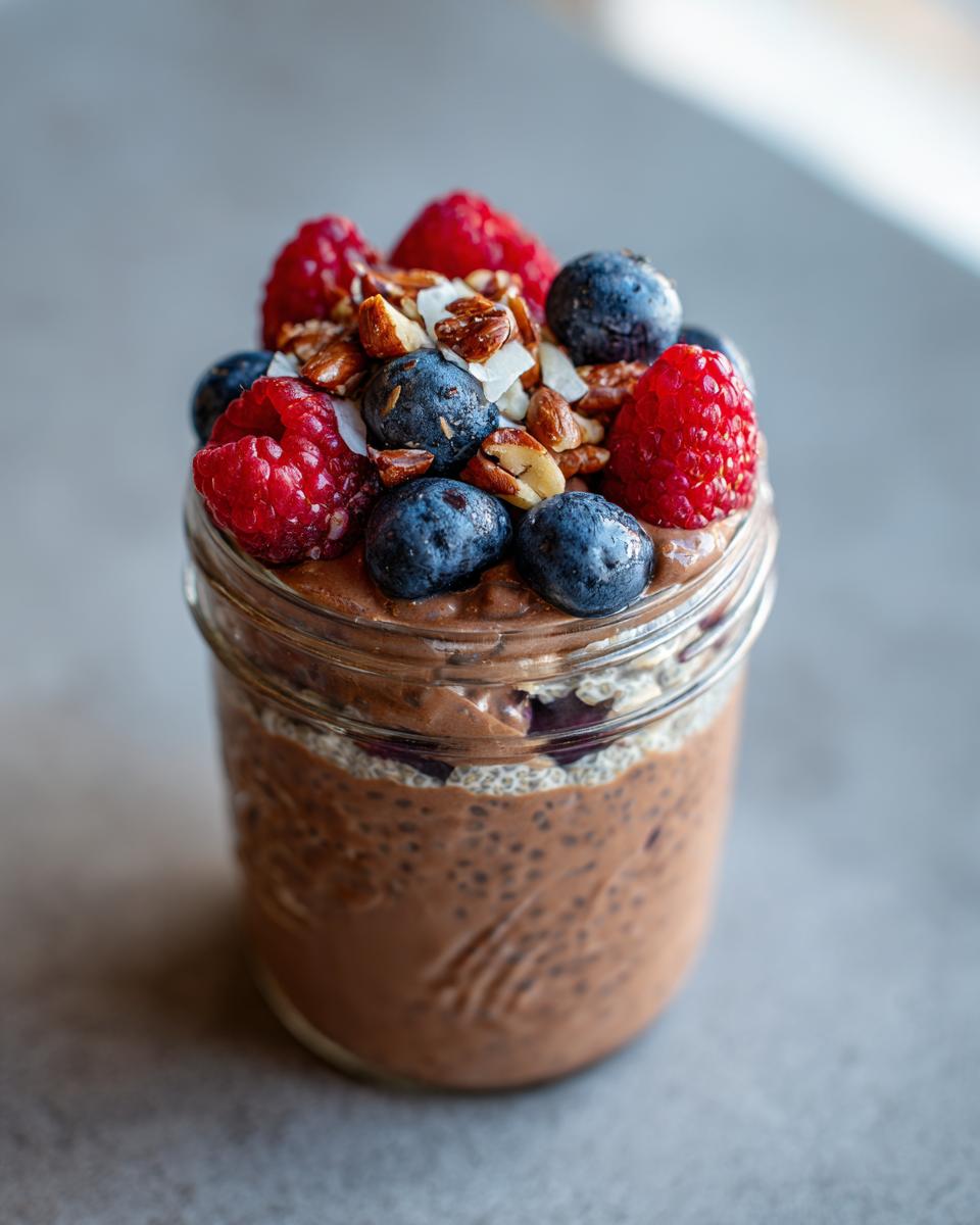 Close-up of Chocolate Protein Overnight Oats in a jar, topped with berries and nuts.