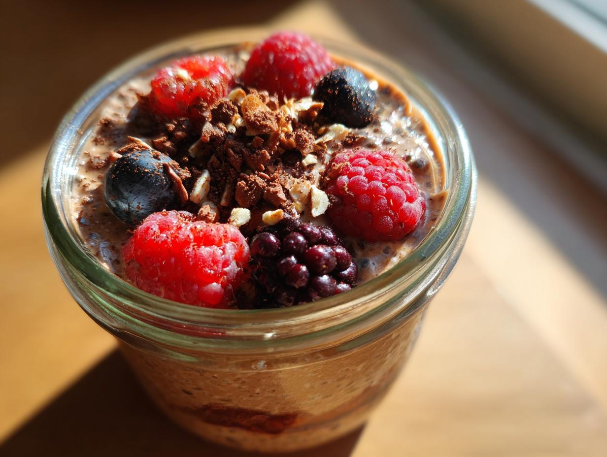 Close-up of Chocolate Protein Overnight Oats in a jar, topped with fresh berries and nuts.