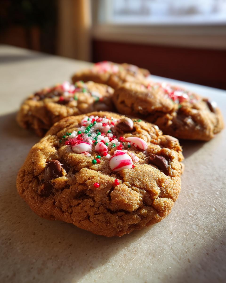 Close-up of Christmas Chocolate Chip Cookies topped with crushed candy canes and festive sprinkles.