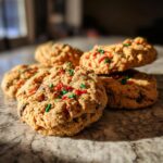 A stack of delicious Christmas chocolate chip cookies topped with red and green sprinkles.