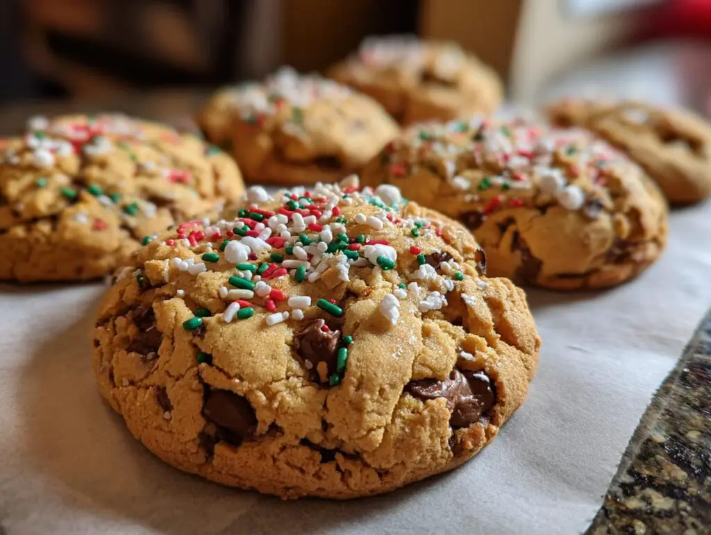 Close-up of festive Christmas Chocolate Chip Cookies topped with red, green, and white sprinkles.