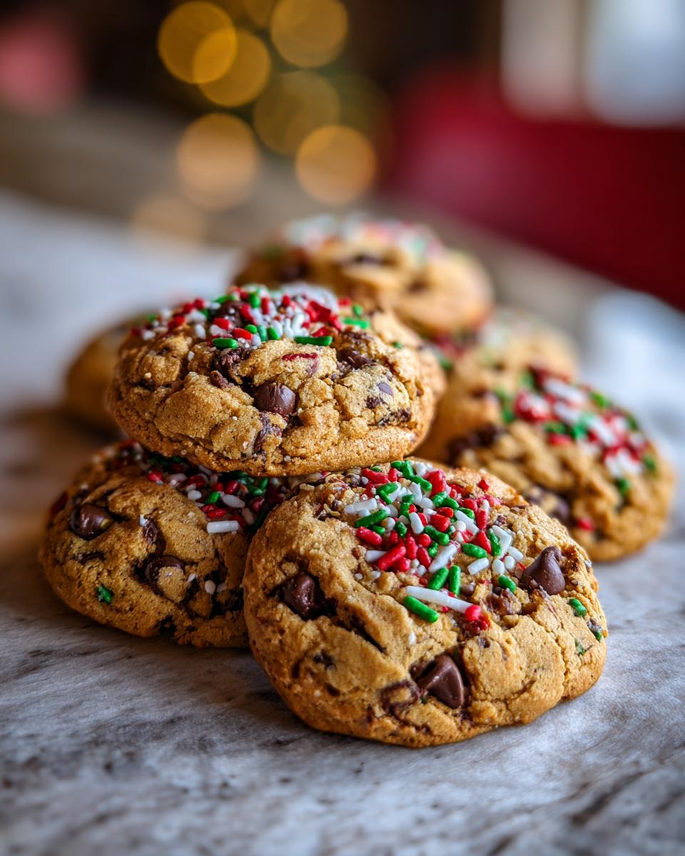 A stack of delicious Christmas Chocolate Chip Cookies topped with red, green, and white festive sprinkles.