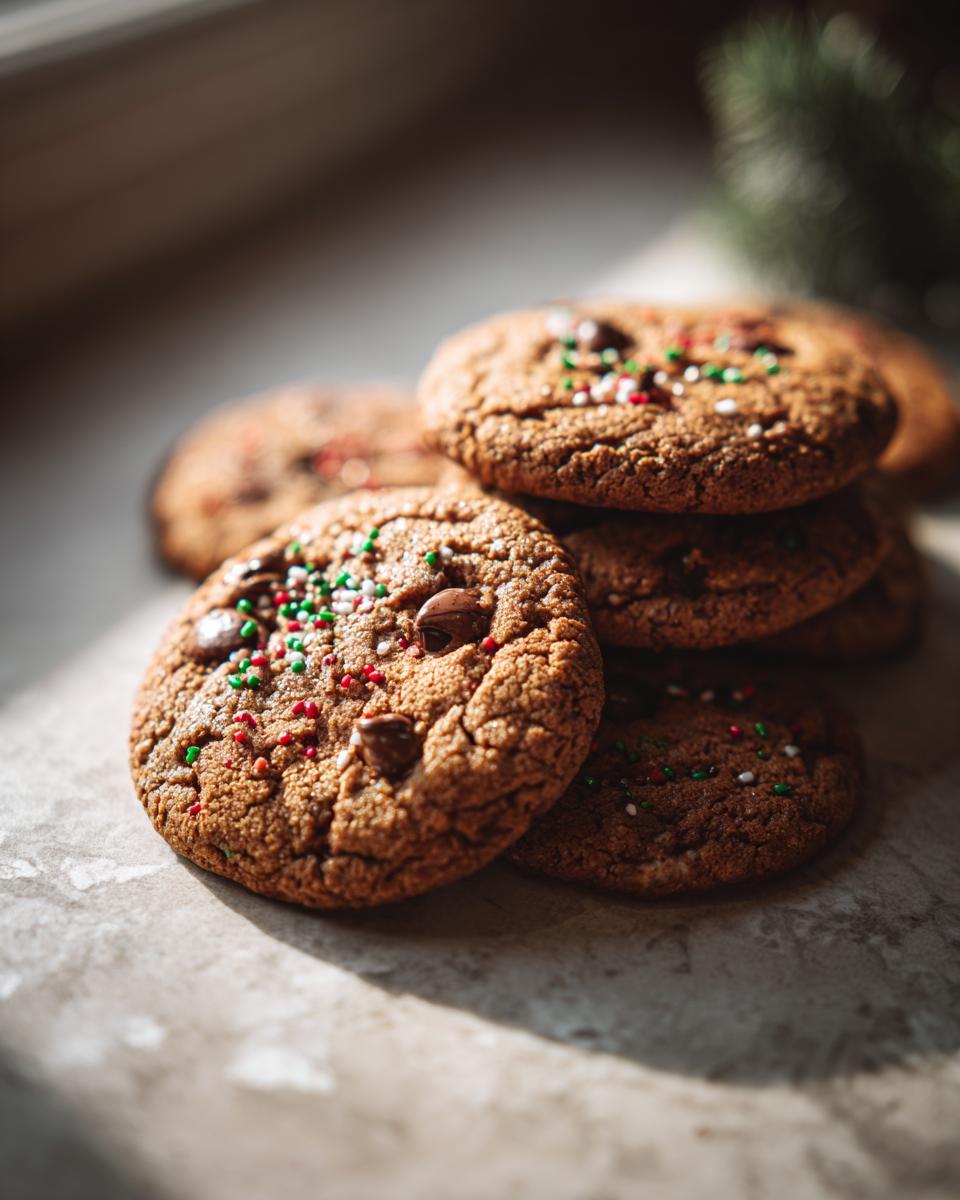 A stack of delicious Christmas Chocolate Chip Cookies, topped with festive red and green sprinkles and chocolate chips.
