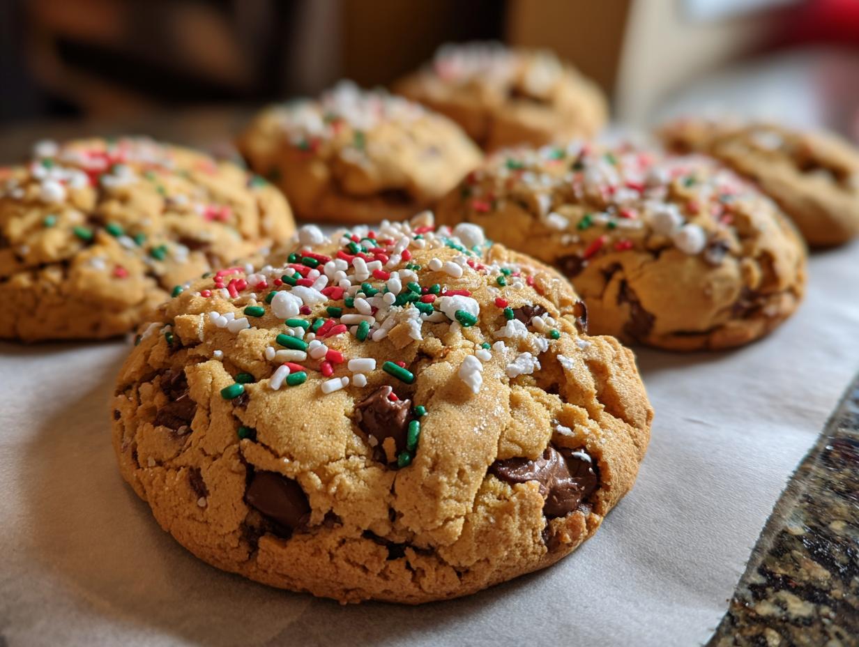 Close-up of festive Christmas Chocolate Chip Cookies topped with red, green, and white sprinkles.