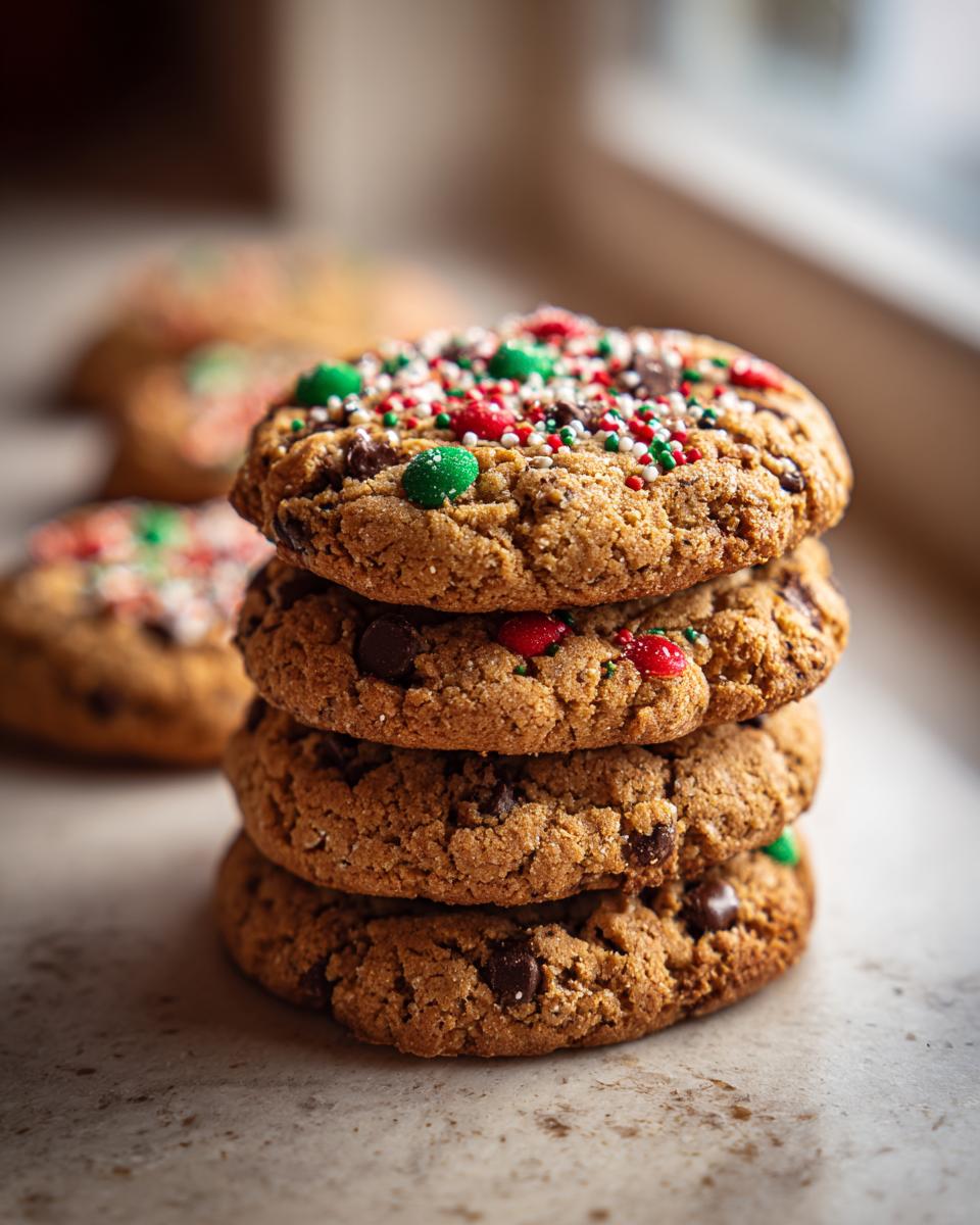 A stack of festive Christmas Chocolate Chip Cookies topped with red, green, and white sprinkles.