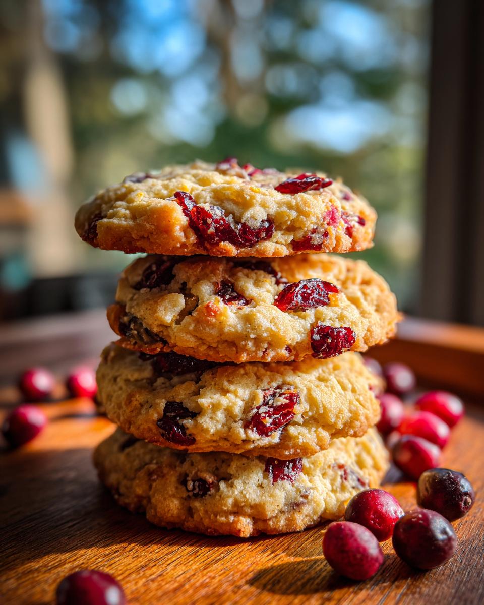 A stack of four Best Christmas Cranberry Orange Cookies with fresh cranberries scattered around.