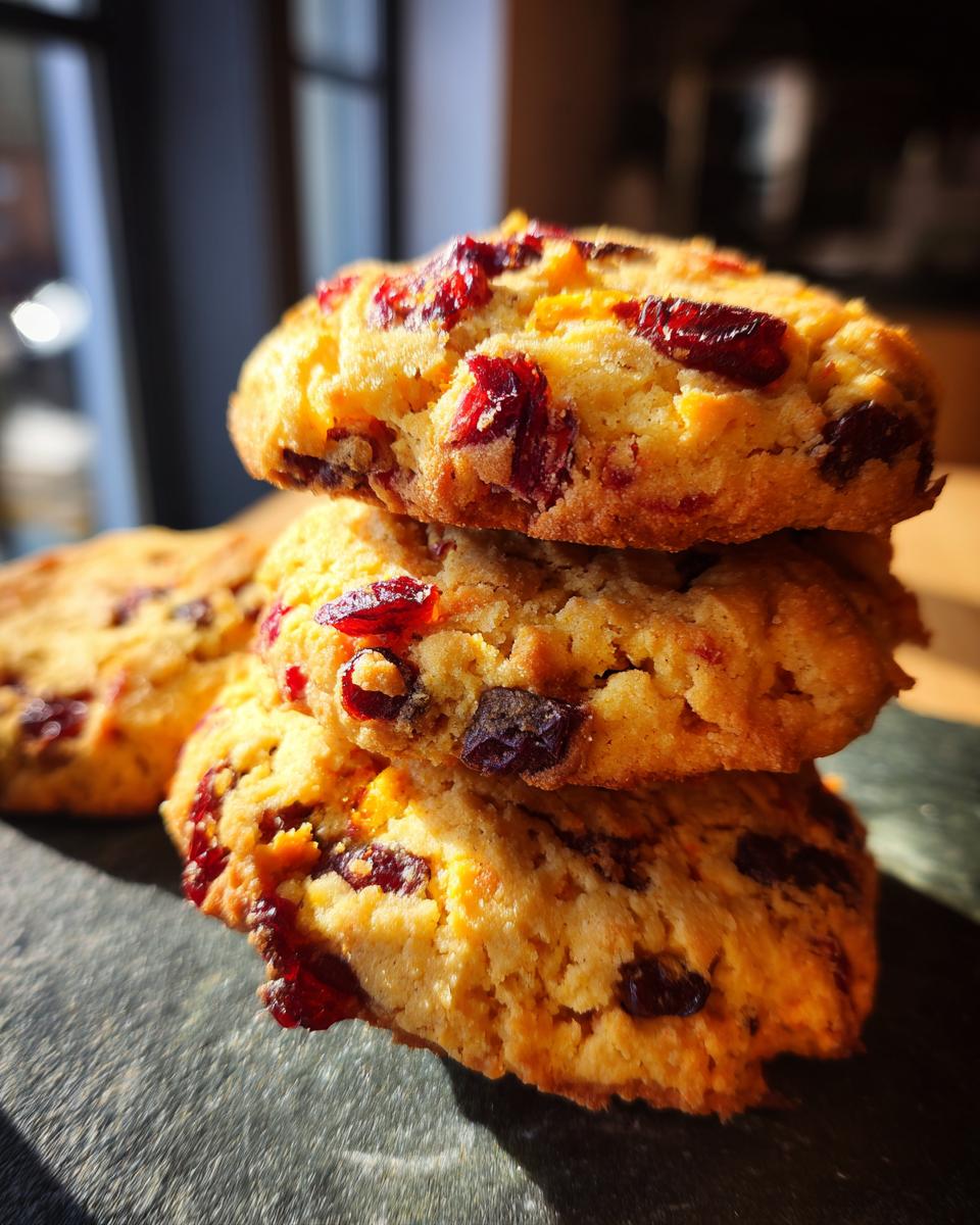A stack of three Best Christmas Cranberry Orange Cookies, showcasing dried cranberries and orange zest.