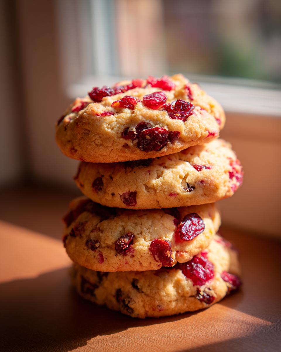 Stack of four delicious Christmas Cranberry Orange Cookies, studded with dried cranberries.