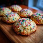 Close-up of Christmas Funfetti Cake Mix Cookies with colorful sprinkles on a wooden board.