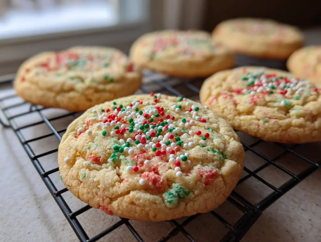 Close-up of Christmas Funfetti Cake Mix Cookies with colorful sprinkles on a cooling rack.