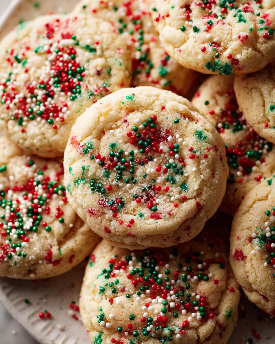 Easy 20-Min. Christmas Funfetti Cake Mix Cookies! 8 Close-up of Christmas Funfetti Cake Mix Cookies with red, green, and white sprinkles.