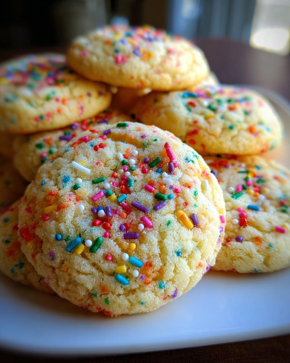 Easy 20-Min. Christmas Funfetti Cake Mix Cookies! 9 Close-up of a stack of Christmas Funfetti Cake Mix Cookies with colorful sprinkles.