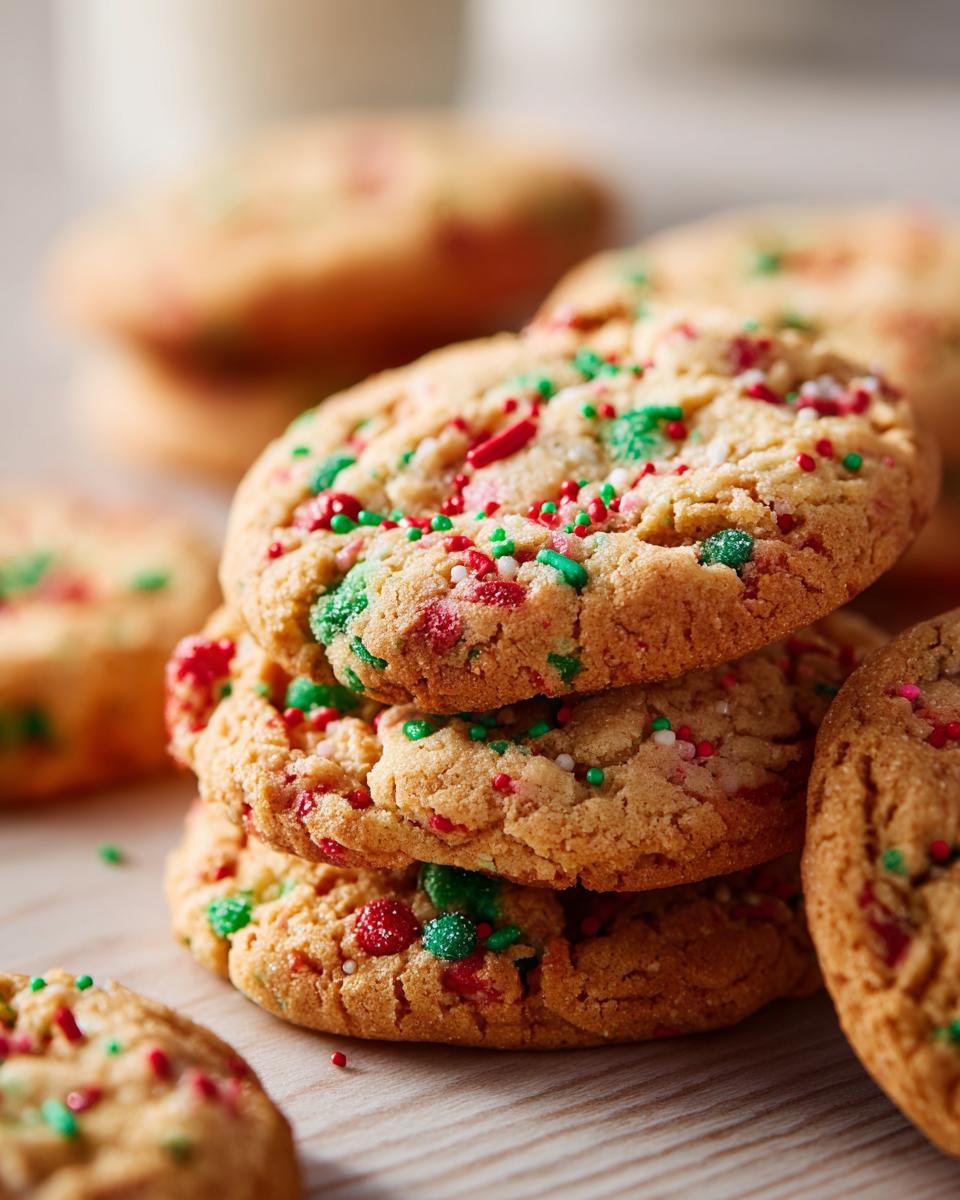 Easy 20-Min. Christmas Funfetti Cake Mix Cookies! 10 Close-up of a stack of Christmas Funfetti Cake Mix Cookies with colorful sprinkles.