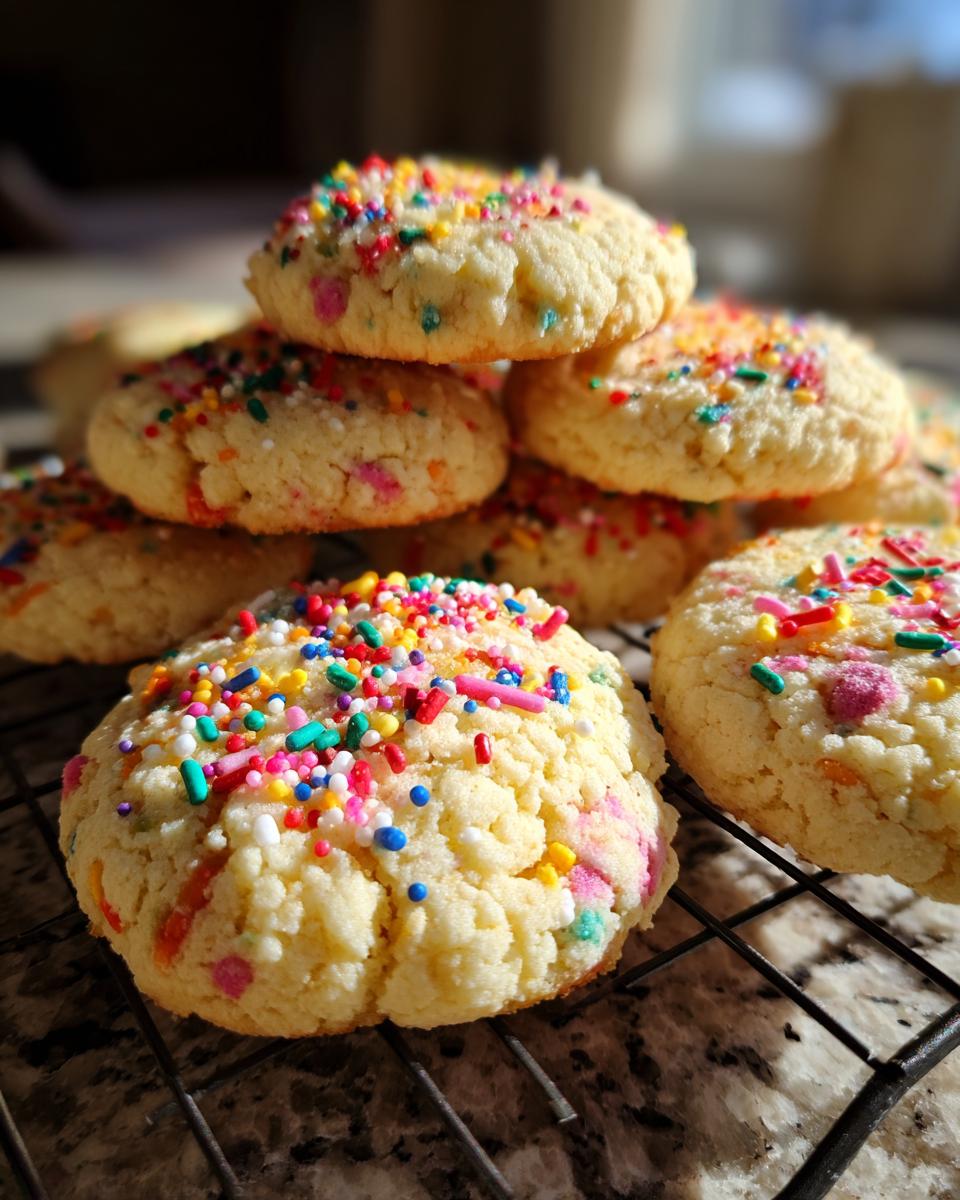 Easy 20-Min. Christmas Funfetti Cake Mix Cookies! 7 Pile of freshly baked Christmas Funfetti Cake Mix Cookies with colorful sprinkles on a cooling rack.