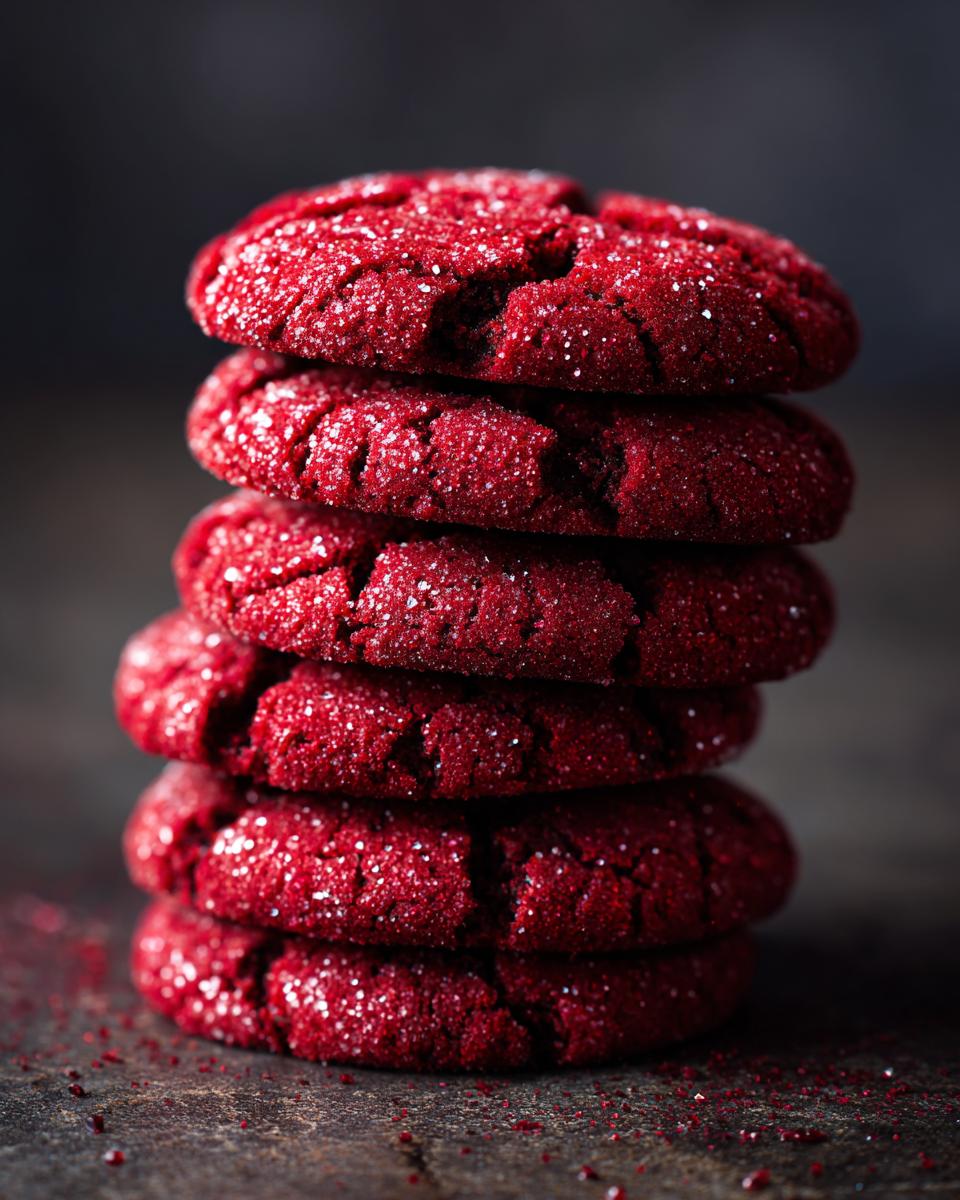 Stack of vibrant red Christmas Red Velvet Crinkle Cookies, dusted with sugar.