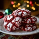Pile of Christmas Red Velvet Crinkle Cookies dusted with powdered sugar, on a white plate.