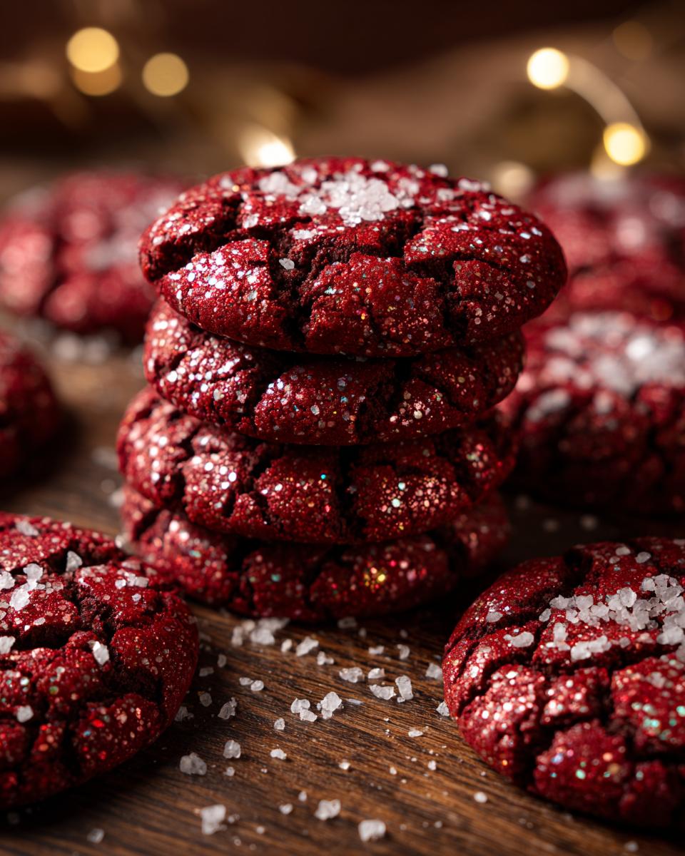 Close-up of a stack of Christmas Red Velvet Crinkle Cookies with coarse sugar on a wooden surface.