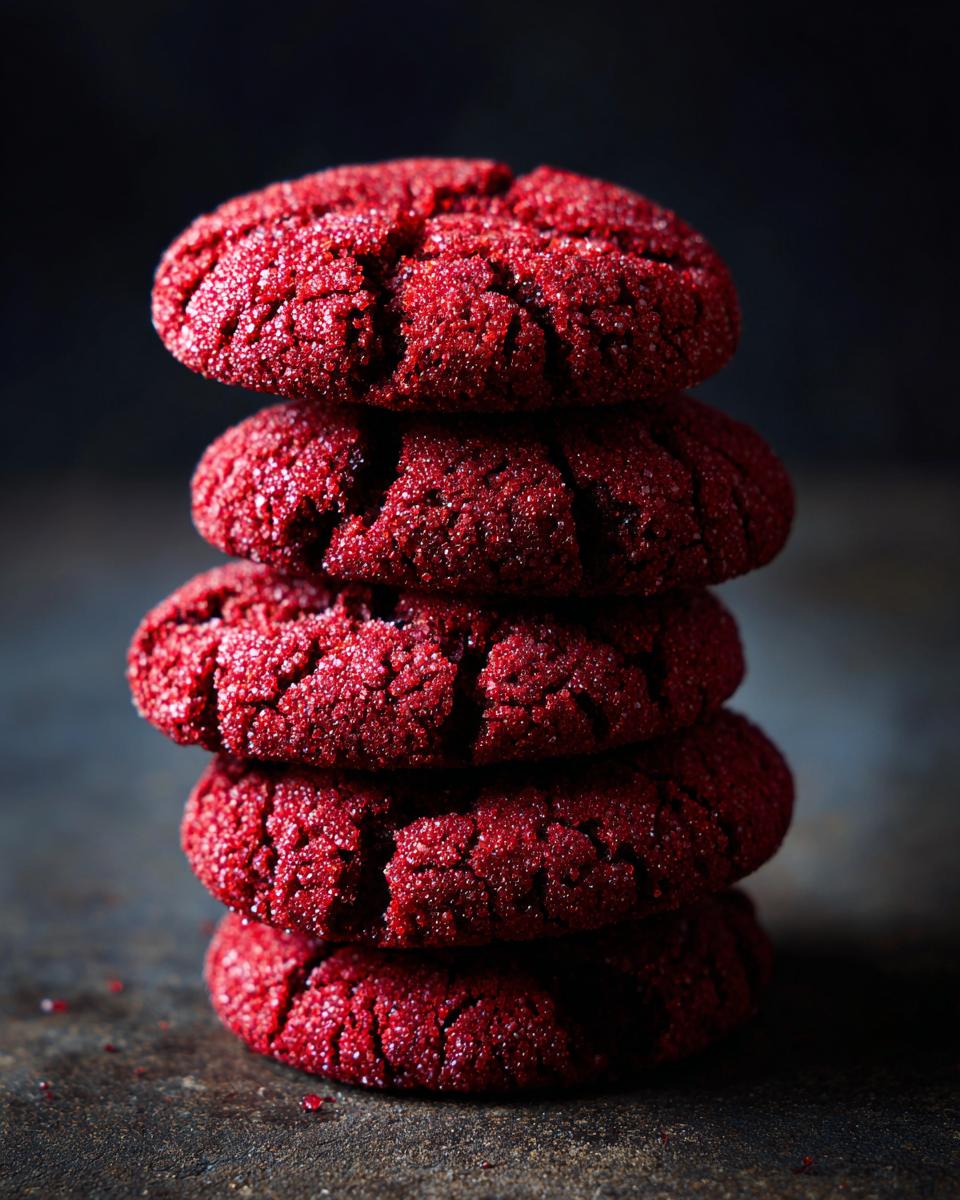 A stack of four vibrant red Christmas Red Velvet Crinkle Cookies.