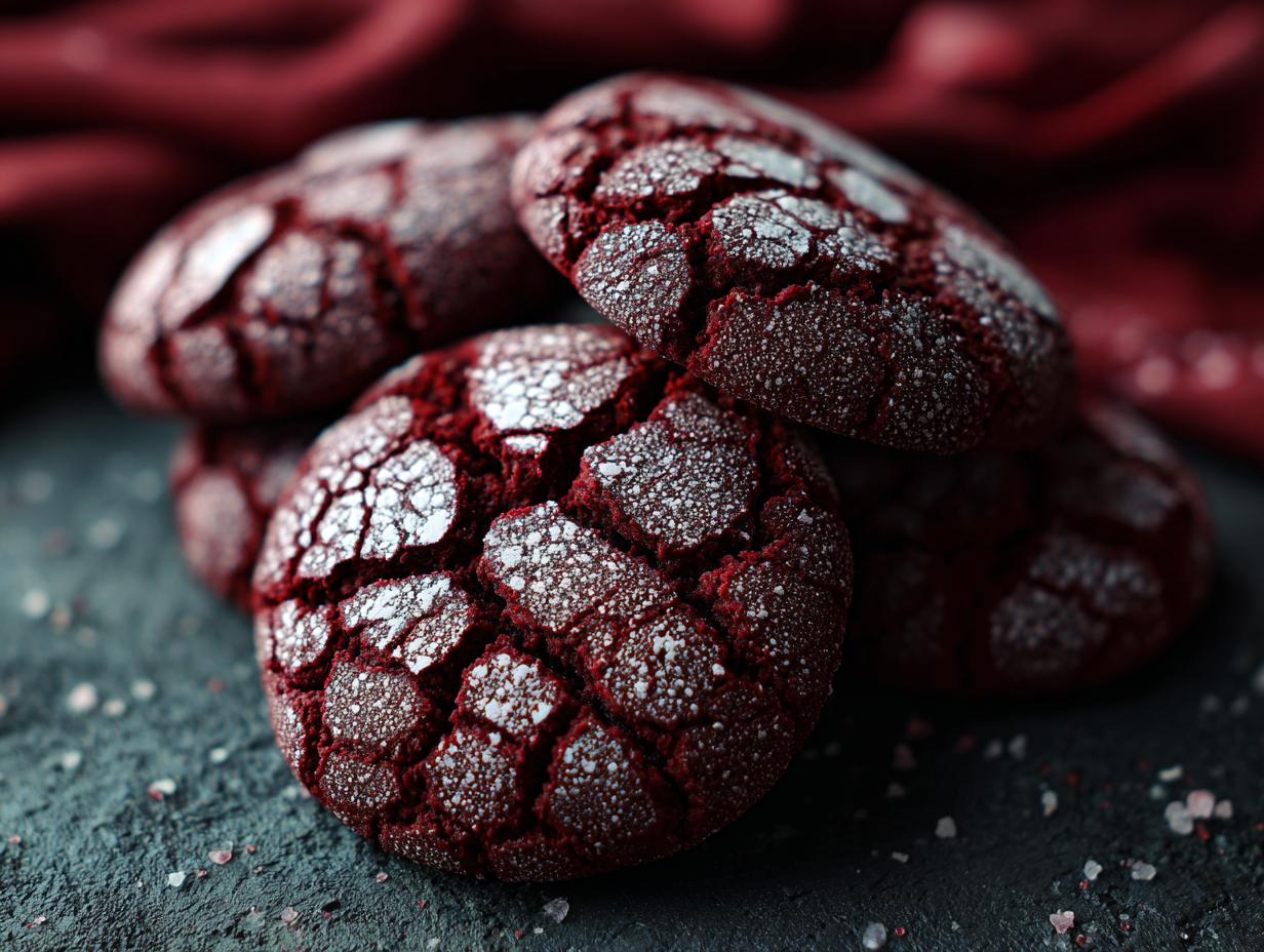 Close-up of delicious Christmas Red Velvet Crinkle Cookies, dusted with powdered sugar, perfect for the holidays.