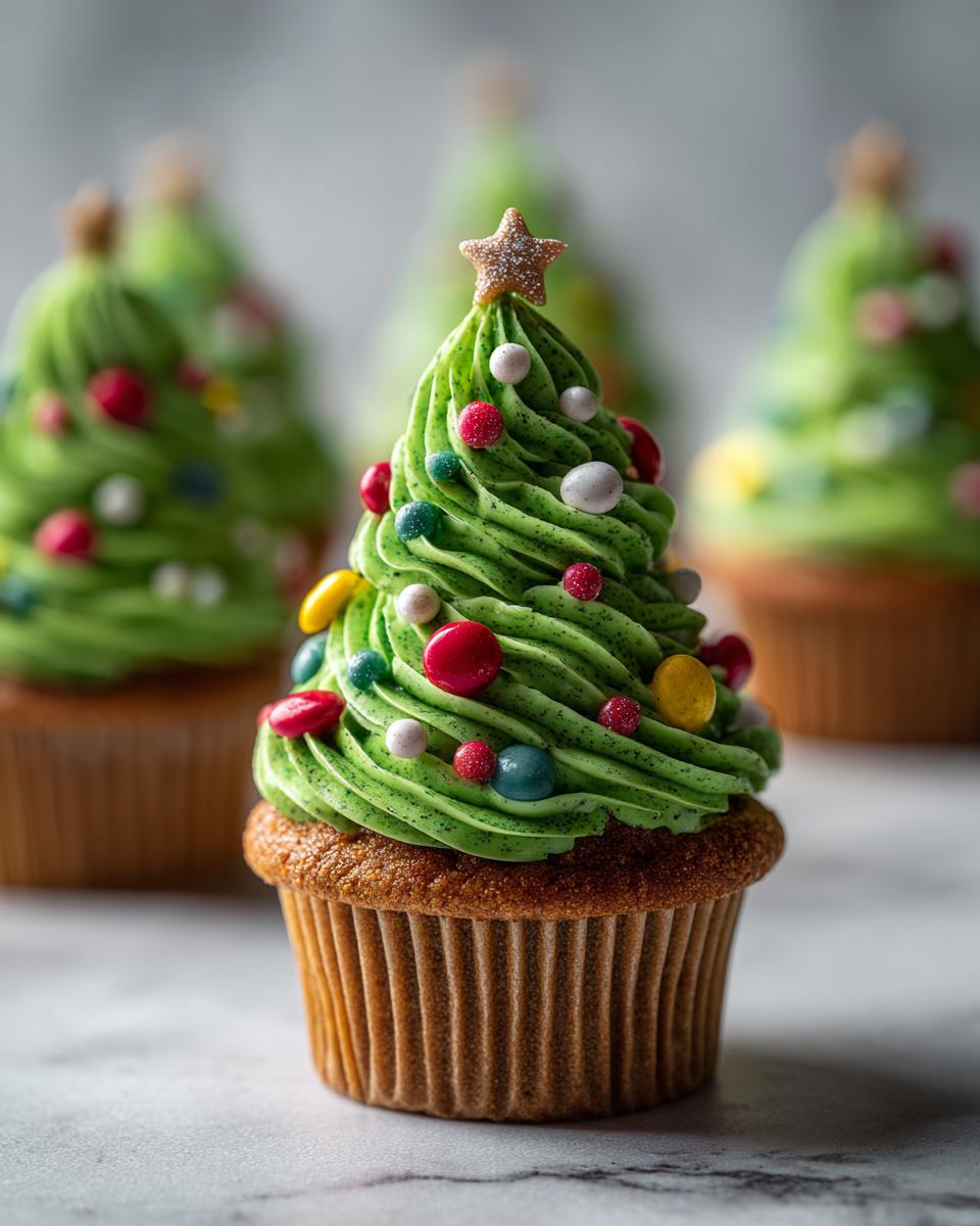 Close-up of a Christmas Tree Cupcake for Kids, decorated with green frosting, colorful candies, and a star topper.