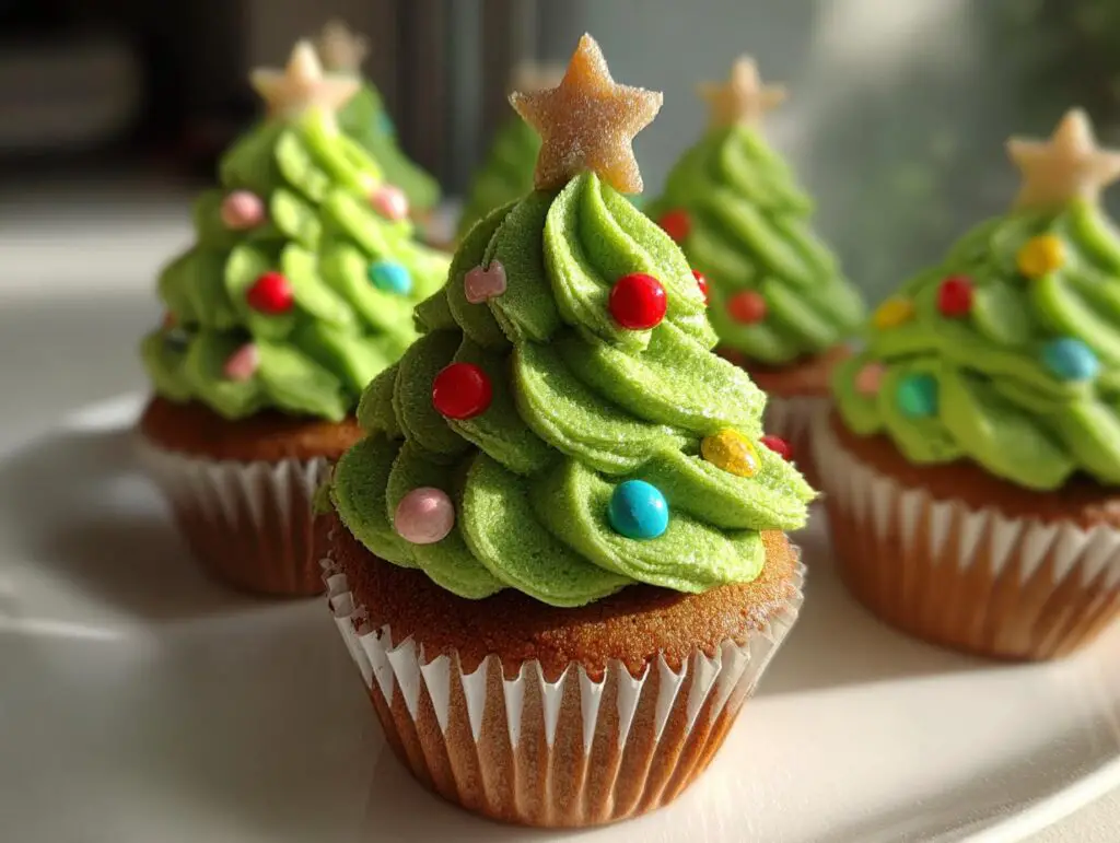 Close-up of festive Christmas Tree Cupcakes for Kids, decorated with green frosting, colorful sprinkles, and star toppers.