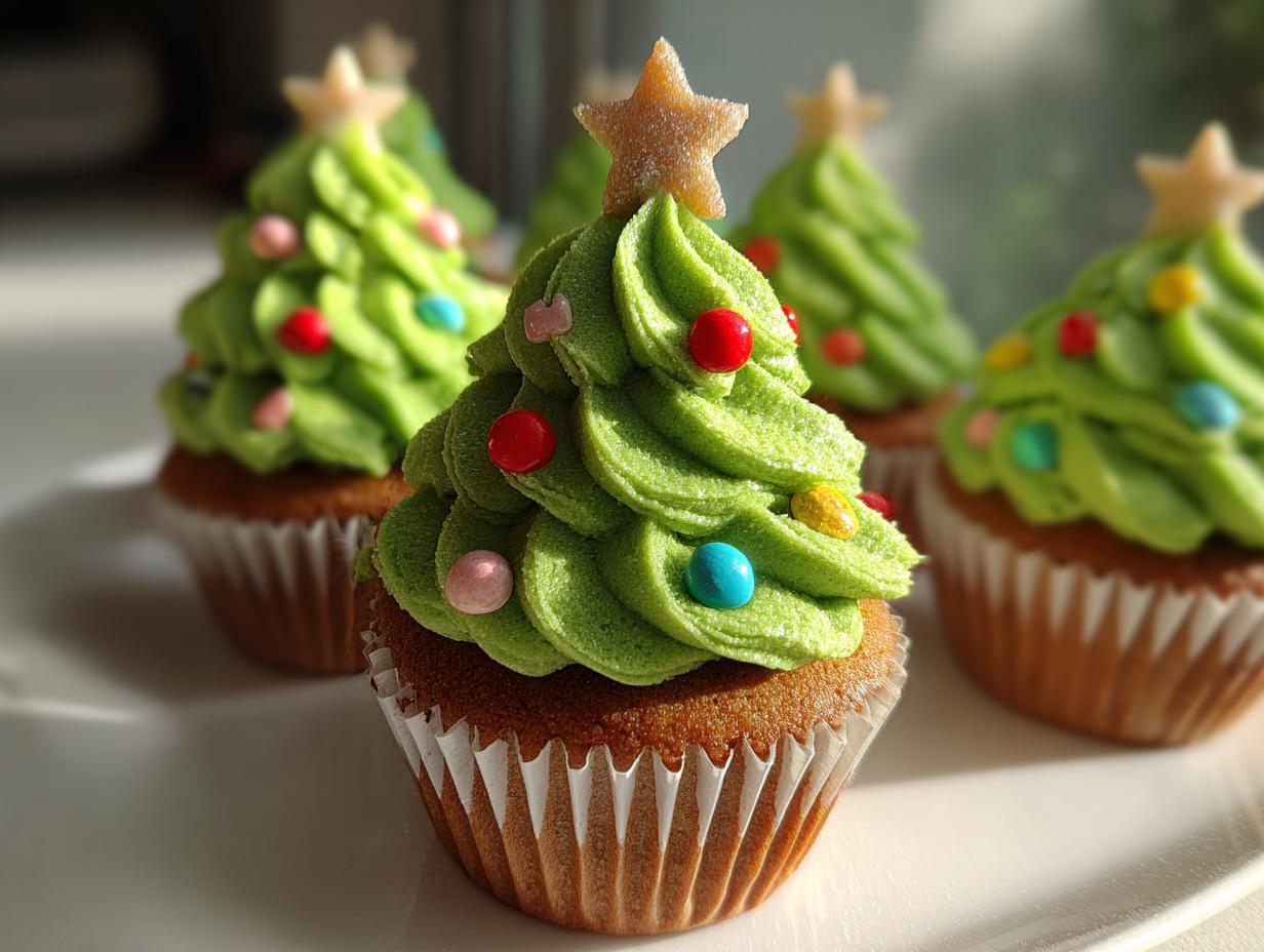 Close-up of festive Christmas Tree Cupcakes for Kids, decorated with green frosting, colorful sprinkles, and star toppers.