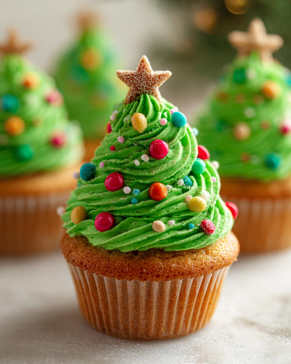Close-up of a festive Christmas Tree Cupcake for Kids, decorated with green frosting, colorful sprinkles, and a star topper.