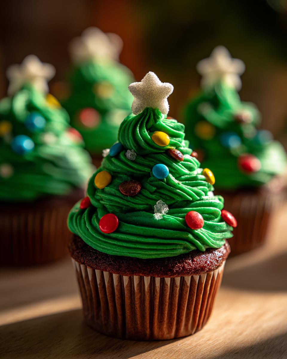 Close-up of a festive Christmas Tree Cupcake for Kids, decorated with green frosting, colorful candies, and a white star.