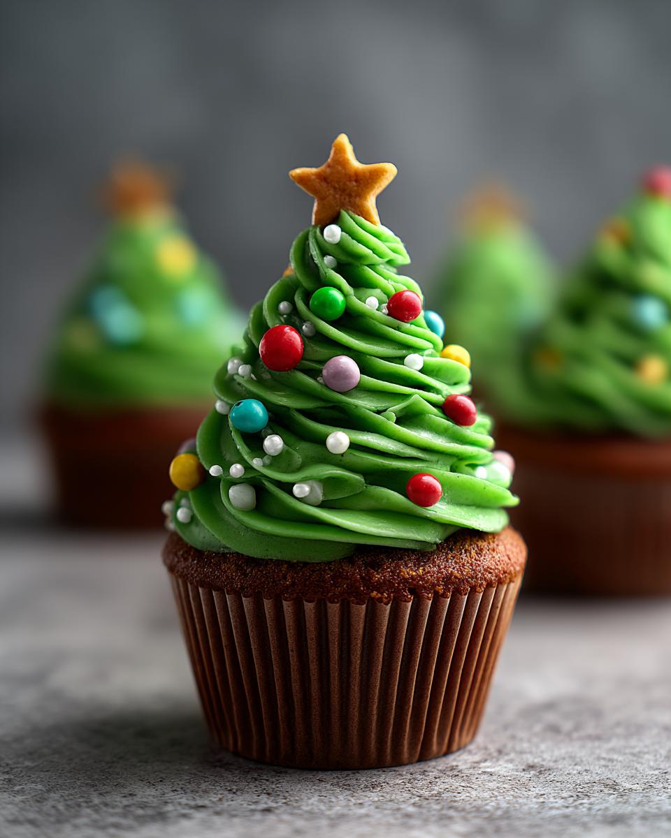 Close-up of a Christmas Tree Cupcake for Kids, decorated with green frosting, colorful candies, and a star on top.