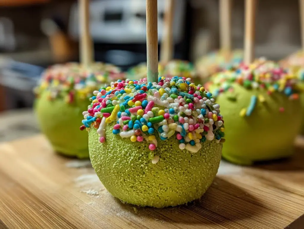 Close-up of Christmas Tree Meringue Pops, green with colorful sprinkles, on a wooden board.